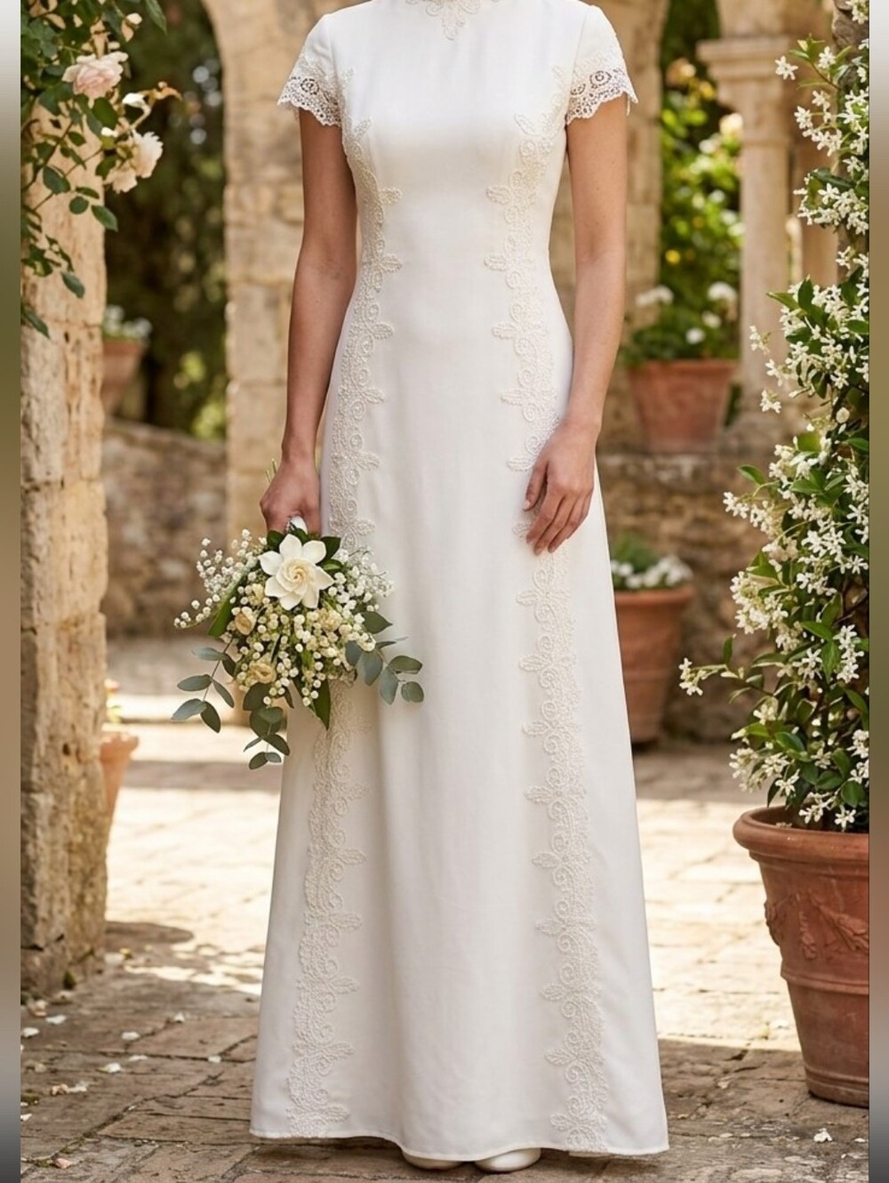 Vintage Ivory Shantung Silk Modest High Collar A-Line Wedding Dress Bustle S